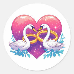 Sticker Rond Cygnes romantiques avec forme de cœur, alliances