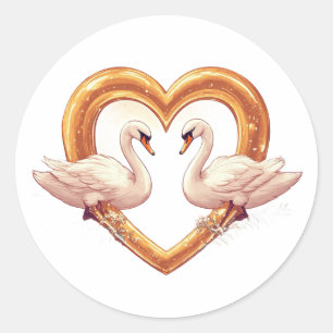 Sticker Rond Cygnes Romantiques en Forme de Cœur