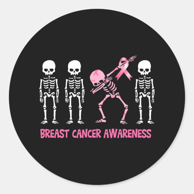 Sticker Rond Dabeton Squelette rose Ruban Cancer du sein Hallow (Devant)