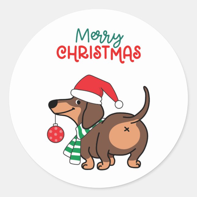 Sticker Rond Dachshund Chien mignonne Joyeux Noël (Devant)