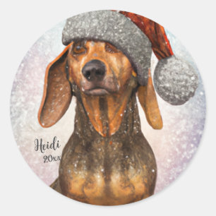 Sticker Rond Dachshund, Chien Père Noël, Personnaliser, Noël