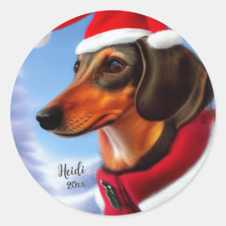Sticker Rond Dachshund, Chien Père Noël, Personnaliser, Noël