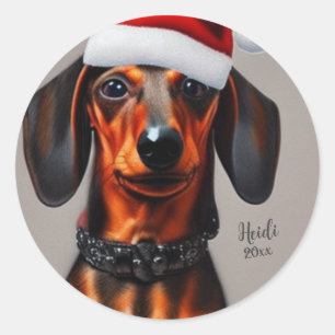 Sticker Rond Dachshund, Chien Père Noël, Personnaliser, Noël