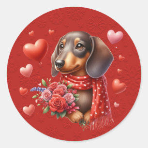 Sticker Rond Dachshund Chien Red Valentine Coeurs