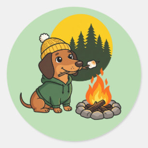 Sticker Rond Dachshund de camping faisant griller une guimauve