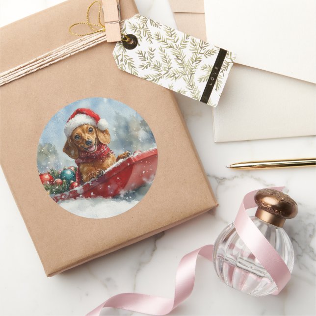 Sticker Rond Dachshund Dog in Sledge Let it Snow Christmas (Cadeaux)