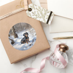 Sticker Rond Dachshund Laissez tomber la neige Noël
