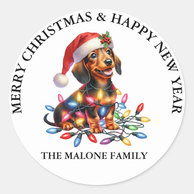 Sticker Rond dachshund Père Noël Paws arrive en ville (Devant)