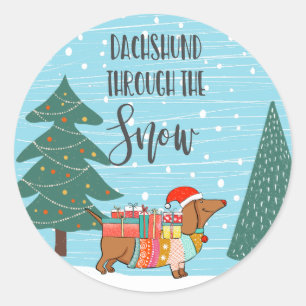 Sticker Rond Dachshund Through the Snow drôle chien amoureux