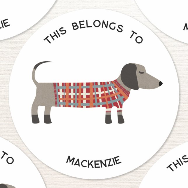 Sticker Rond Dachshund Wiener Dog Personalized This Belongs To (Fun Dachshund Wiener Sausage Dog personalized This Belongs To name sticker, ideal for school books)