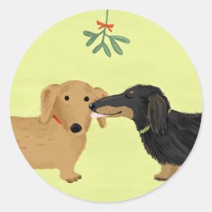 Sticker Rond Dachshunds Mistletoe Kiss   Chiens blancs de Noël