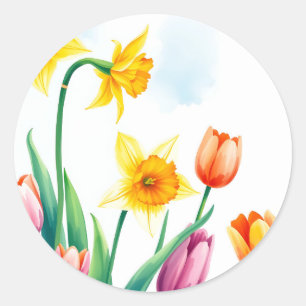Sticker Rond Daffodiles et tulipes d'aquarelle vibrantes