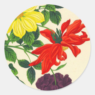 Sticker Rond Dahlias orientaux fleurs japonaises Nishimura Hodo