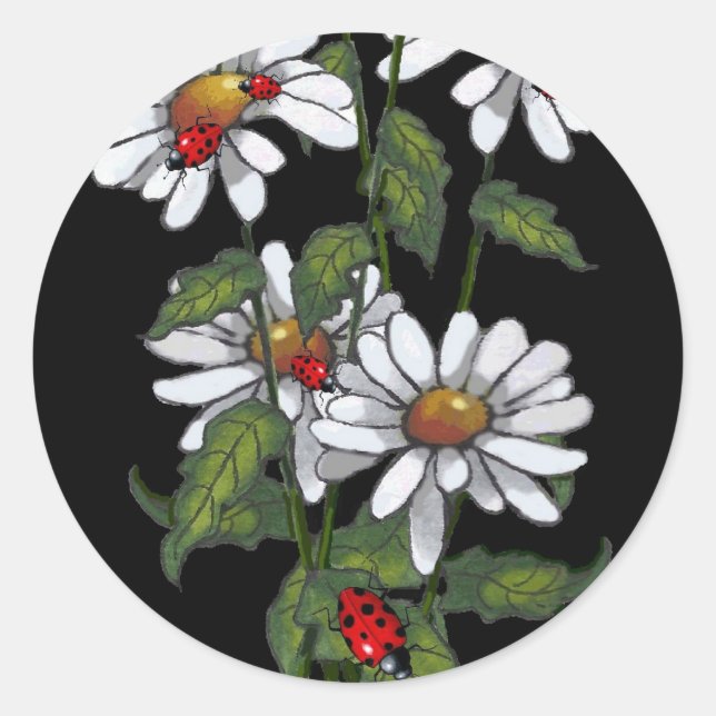 Sticker Rond Daisées avec Ladybugs sur Black : Art (Devant)