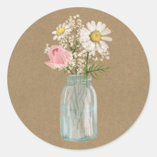 Sticker Rond Daisy et Rose en Mason Jar Rustic Kraft Paper