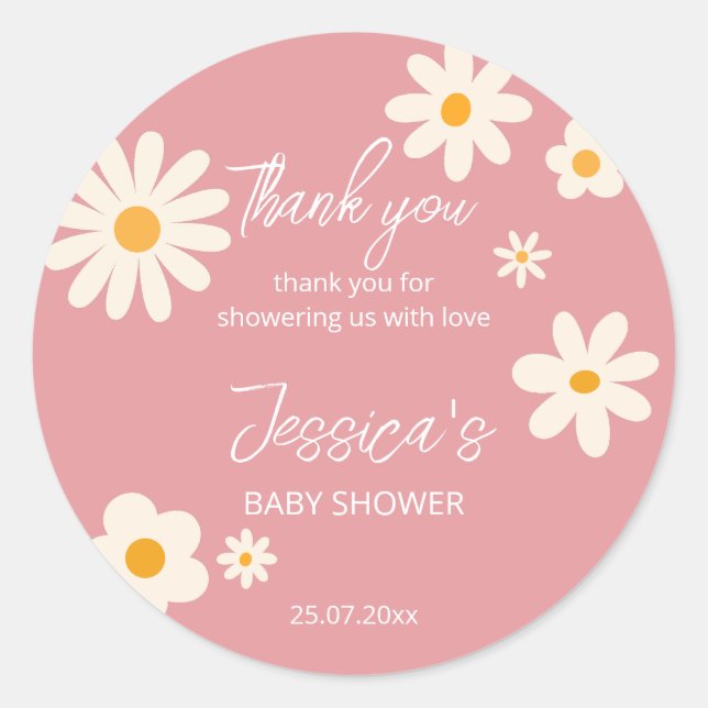 Sticker Rond Daisy rétro rose baby shower boho (Devant)