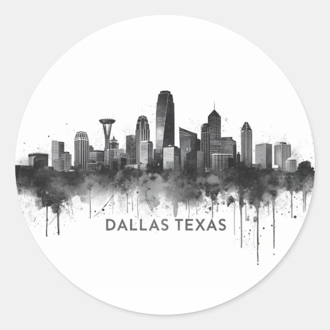 Sticker Rond Dallas Texas Skyline Black and White Cityscape (Devant)