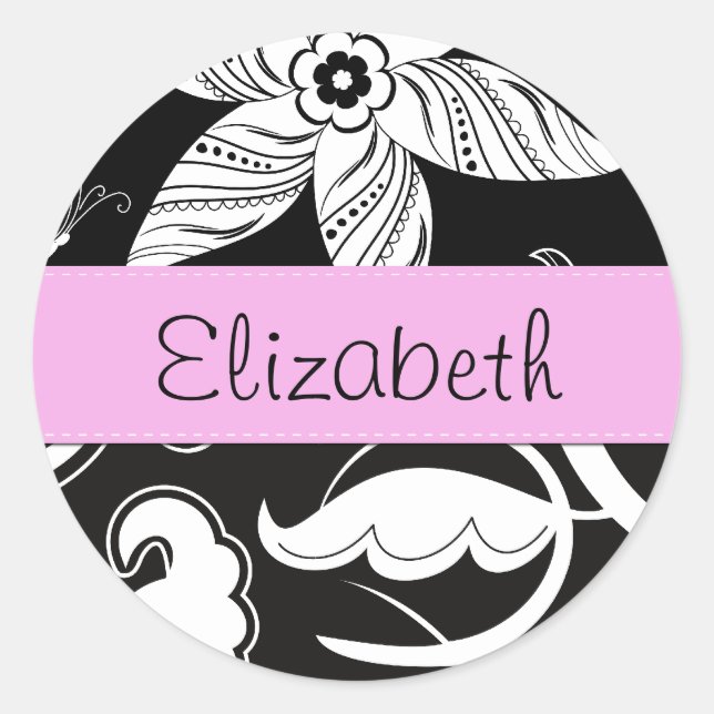 Sticker Rond Damas, Fleurs, Noir et Blanc, Votre nom (Devant)