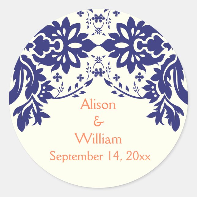 Sticker Rond Damask marine bleu, corail, mariage Enregistrer la (Devant)