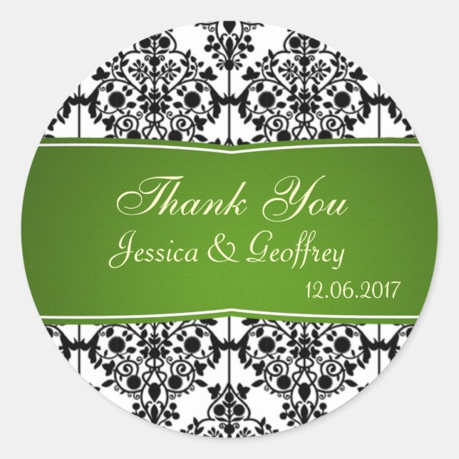 Sticker Rond Damask noir, blanc et vert Merci Mariage St (Devant)