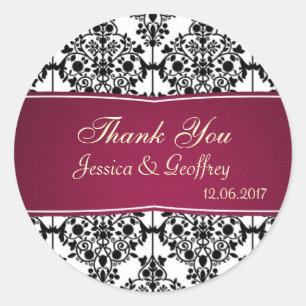 Sticker Rond Damask noir, blanc, Merci magenta Mariage