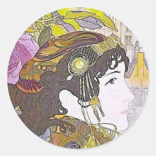 Sticker Rond Dame Art Nouveau