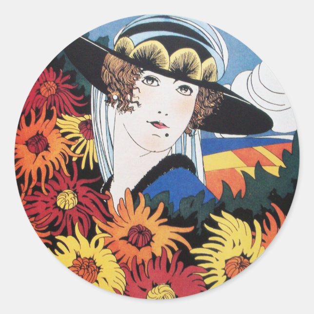 Sticker Rond Dame aux fleurs de chrysanthème (Devant)