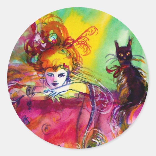 Sticker Rond DAME AVEC CHAT NOIR / Mascarade vénitienne (Devant)