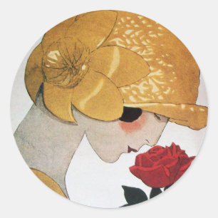 STICKER ROND DAME AVEC ROSE ROUGE