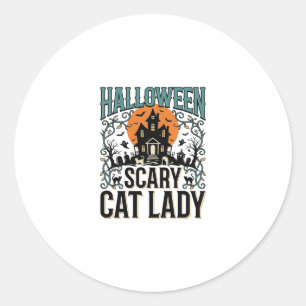 Sticker Rond Dame de chat Halloween Maison hantée effrayante Vi