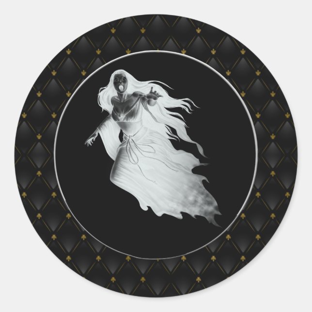 Sticker Rond Dame de la frontière noire en blanc fantôme Hallow (Devant)