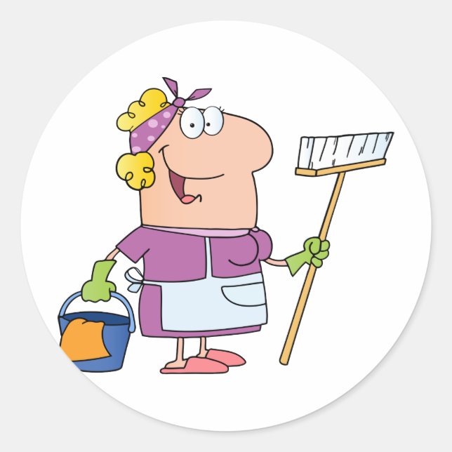 Sticker Rond Dame de nettoyage de caricatures (Devant)