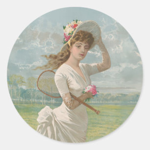 Sticker Rond Dame de tennis victorienne avec chapeau à fleurs A
