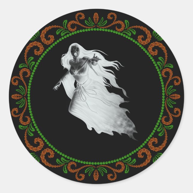 Sticker Rond Dame Verte Orange En Blanc Fantôme Halloween (Devant)
