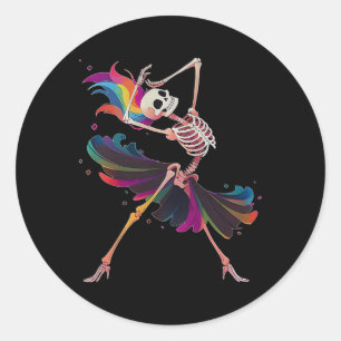 Sticker Rond Dancing Skeleton arc en ciel Ballerina Halloween