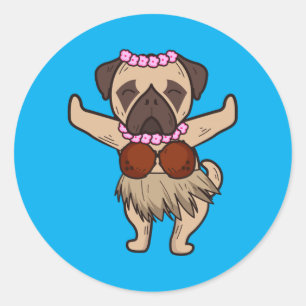 Sticker Rond Danse hula hawaïenne Pug Cool Aloha Animal Drôle