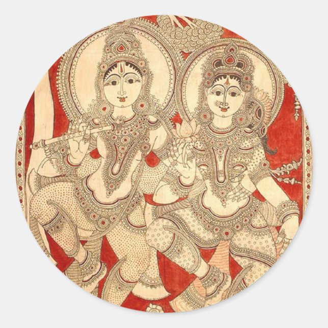 STICKER ROND DANSER RADHA KRISHNA KALAMKARI ART DE L'INDE (Devant)