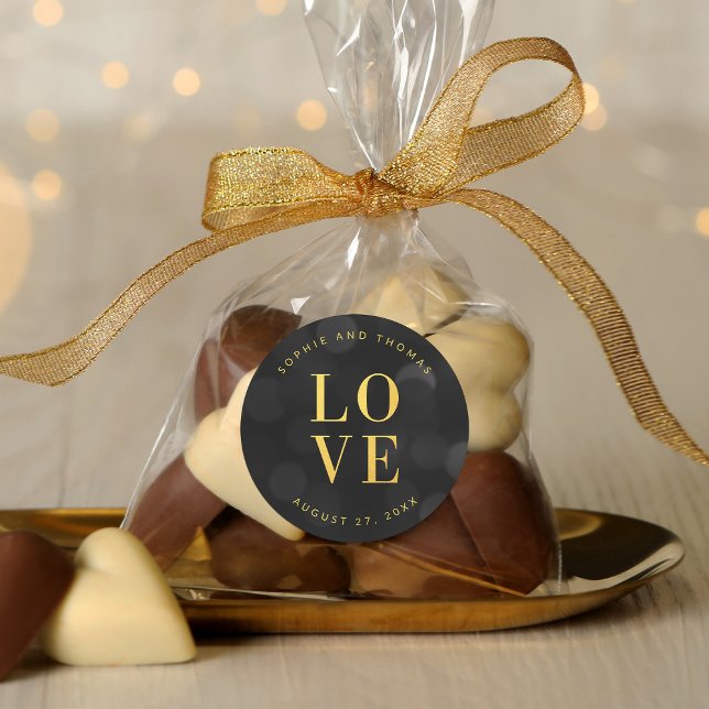 Sticker Rond Dark Bokeh Lights Faux Gold Love (Créateur téléchargé)