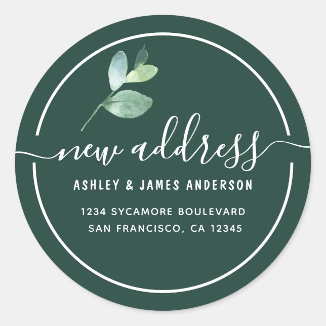 Sticker Rond Dark Green Eucalyptus Calligraphy New Address (Devant)