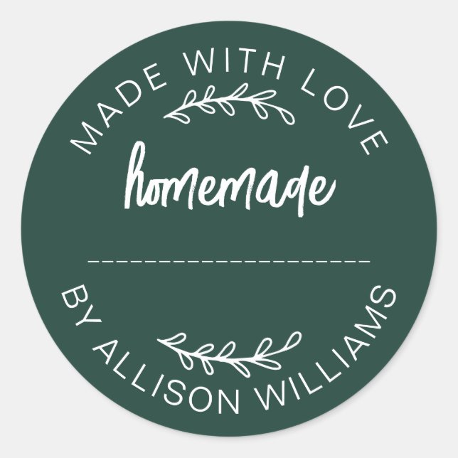 Sticker Rond Dark Green Script Made With Love Homemade Food Jar (Devant)