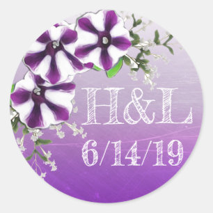 Sticker Rond Date de mariage et initiales Floral Violet Pétunia