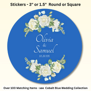Sticker Rond Date + Mariée, Noms des Mariés Cobalt Bleu & Rose 