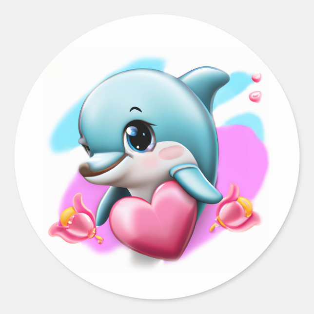 Sticker Rond Dauphin de bébé mignon avec le coeur de Valentine (Devant)