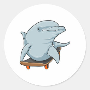 Sticker Rond Dauphin en patinage avec skateboard