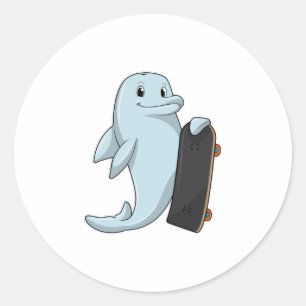 Sticker Rond Dauphin en patinage avec skateboard