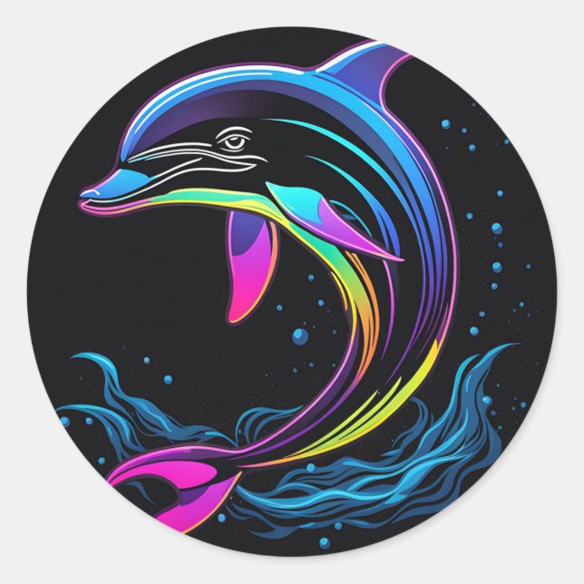 Sticker Rond Dauphin néon vibrant (Devant)