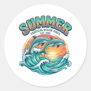 Sticker Rond Dauphin rétro tropical / vacances d'été à la plage