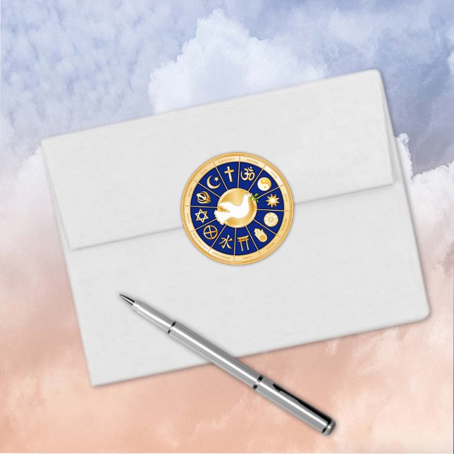 Sticker rond de la colombe de la paix (Dove of Peace Round Sticker.
Gold icons of world faiths surrounding the Dove of Peace.)