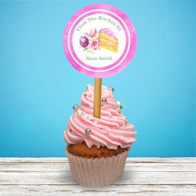 Sticker Rond De La Cuisine De Gâteau D'Aquarelle Avec Fleurs (Créateur téléchargé)