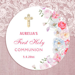 Sticker rond de première communion aux fleurs d'aq